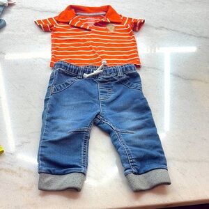 Orange Striped Polo and Blue Jeans Set